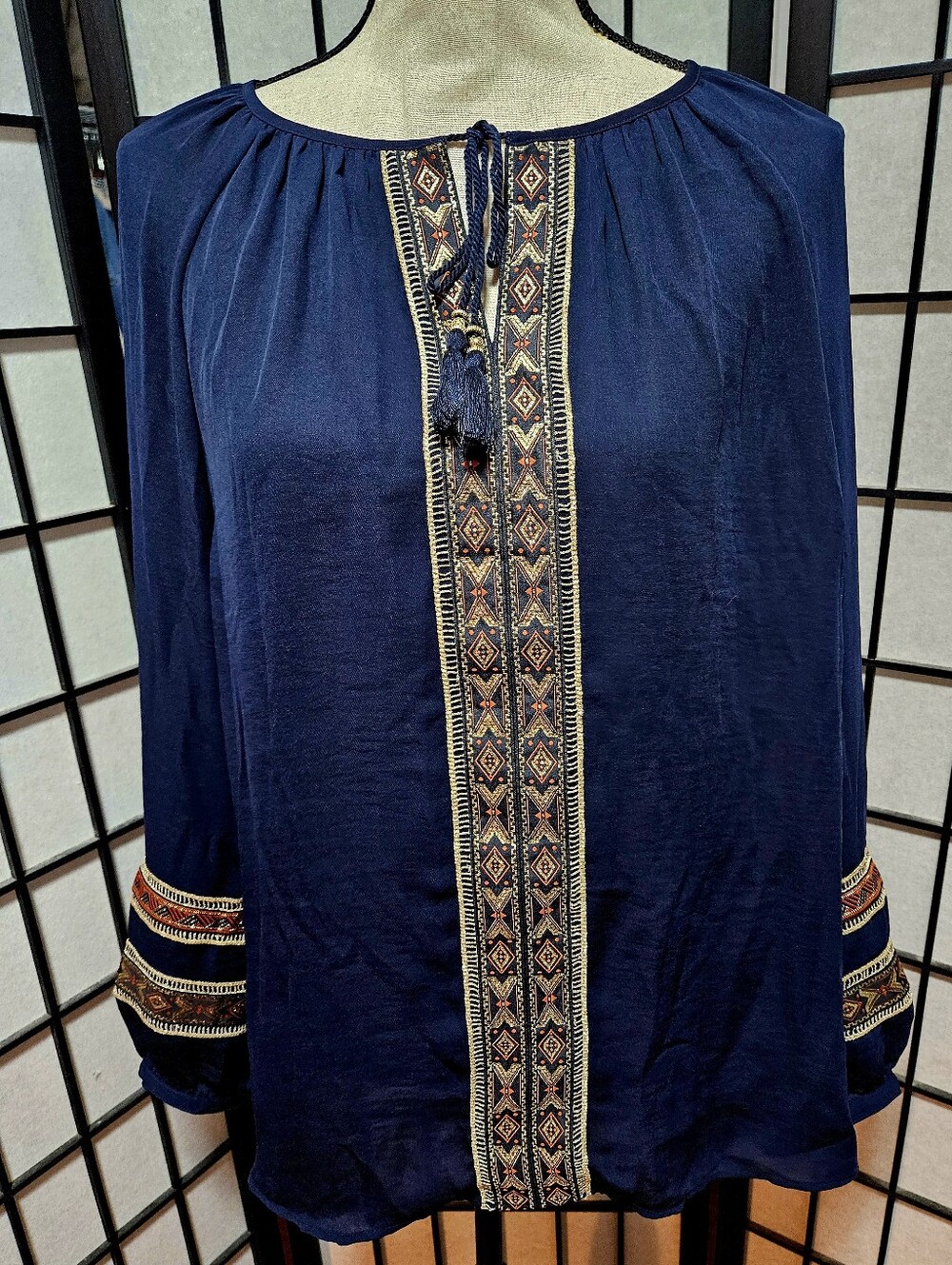 Chico's 3 (XL) Navy Blue Boho Embroidered Tasseled Pasant Blouse